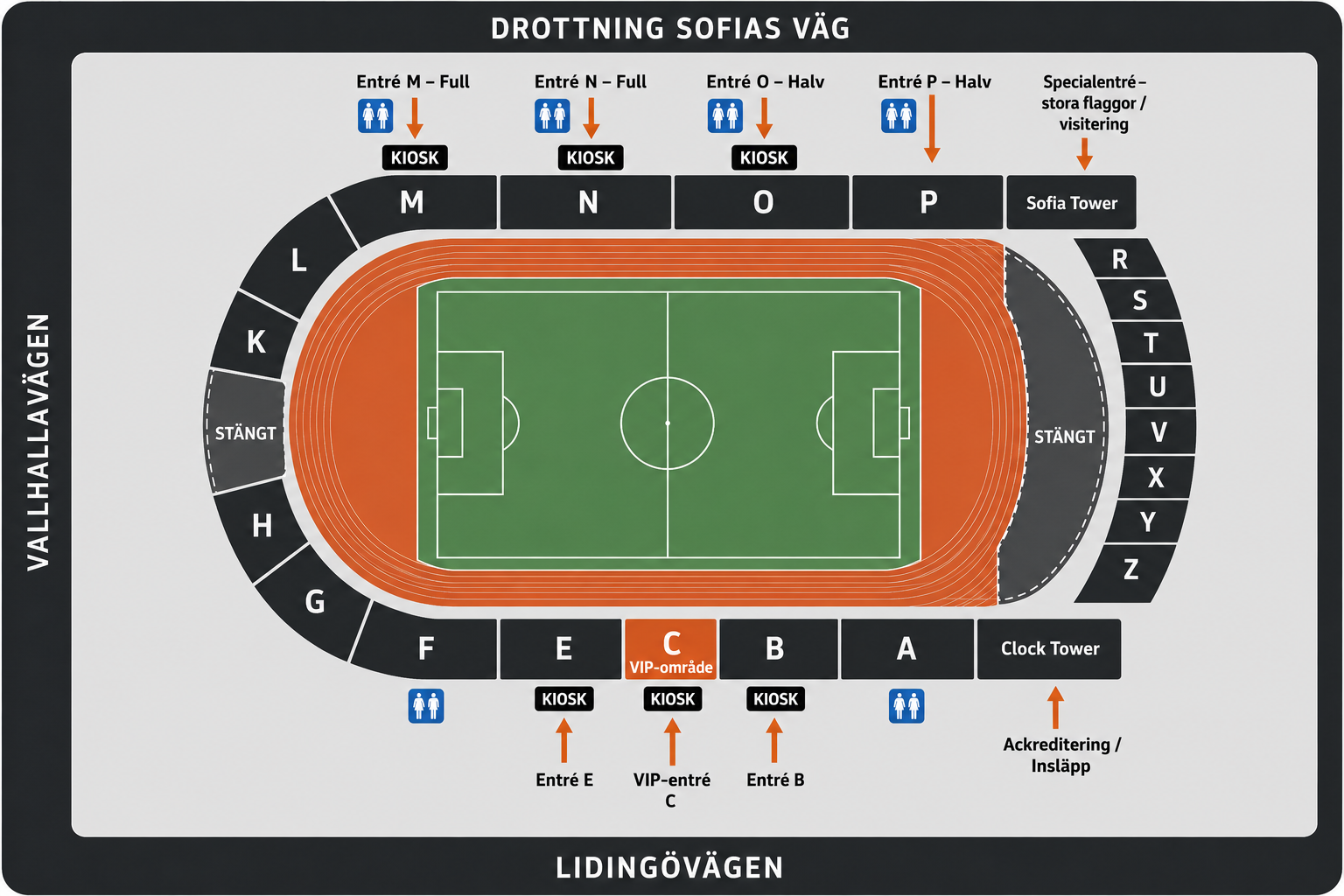 Karta över Stockholms Stadion med sektioner. FC Stockholms supportrar i sektion A, B och E.